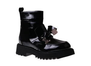 Botki damskie ze skóry lakierowanej z broszką Venezia 040541 R060 czarny