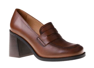 Półbuty damskie na słupkowym obcasie Nessi 23551 koniak